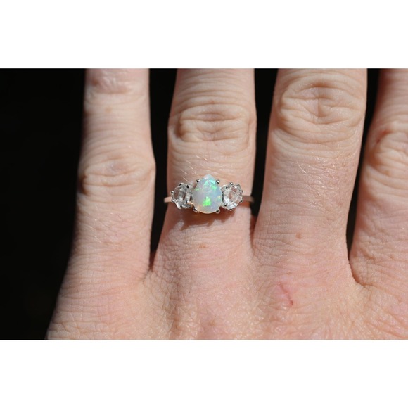 Natural opal and Herkimer Diamond Ring, Raw Stone Ring, Unique Engagement Ring - Picture 3 of 3